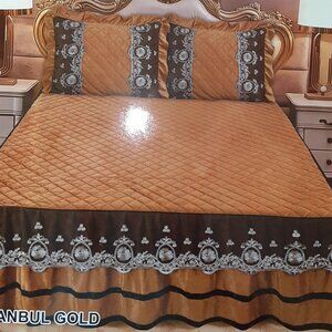Istanbul Gold Luxury Velvet Coverlet with Ruffle Vintage Royal Design Bedspread